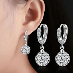 925 Sterling Silver Huggie Diamond Crystal Ball Hoop Earrings